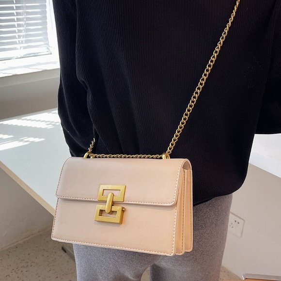 Beige Elegant Women's Minimalist Chain Flap Square Bag - Picture 3 of 5